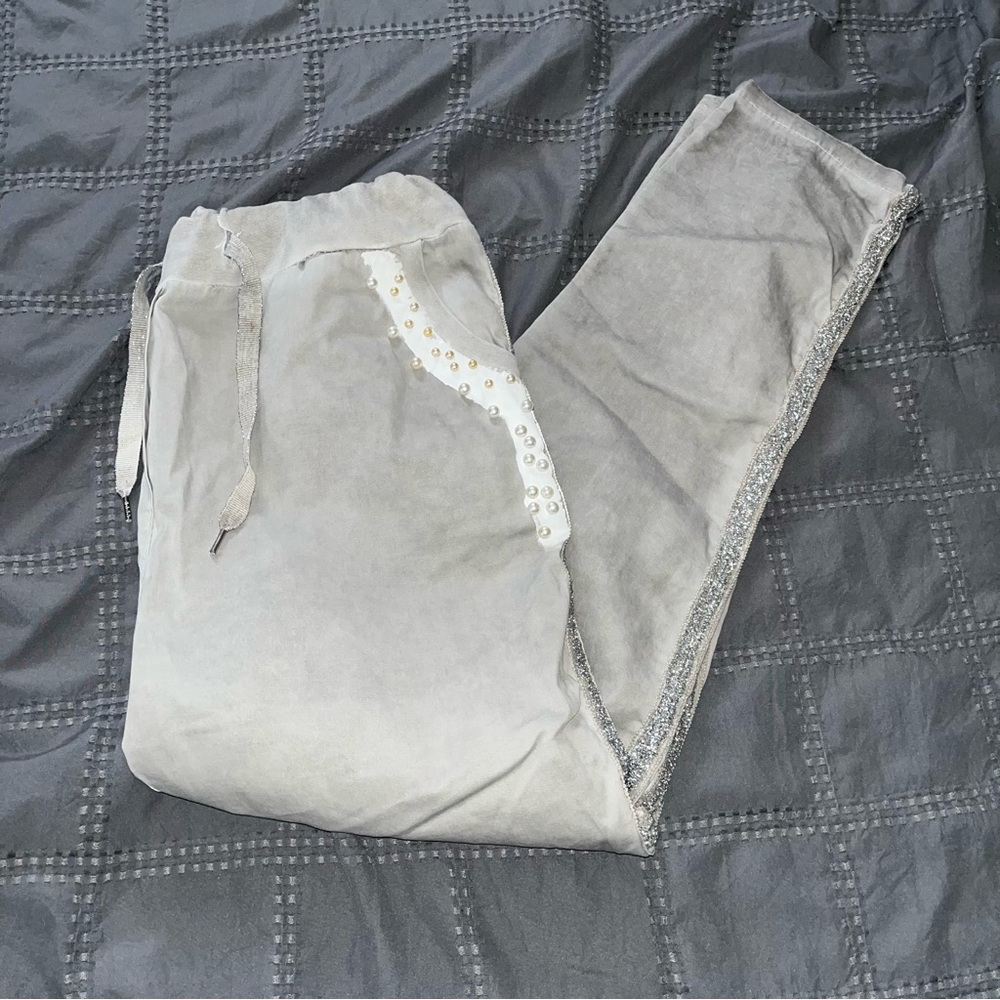 NT By Amati Gray Women's Trouser Pants Drawstring Decorative Pearls Athleisure